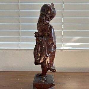 Vintage Chinese Shou Lao Fish Carved Wood Statue Longevity